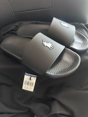 Ralph Lauren Black Polo Slide Sandals with White Logo